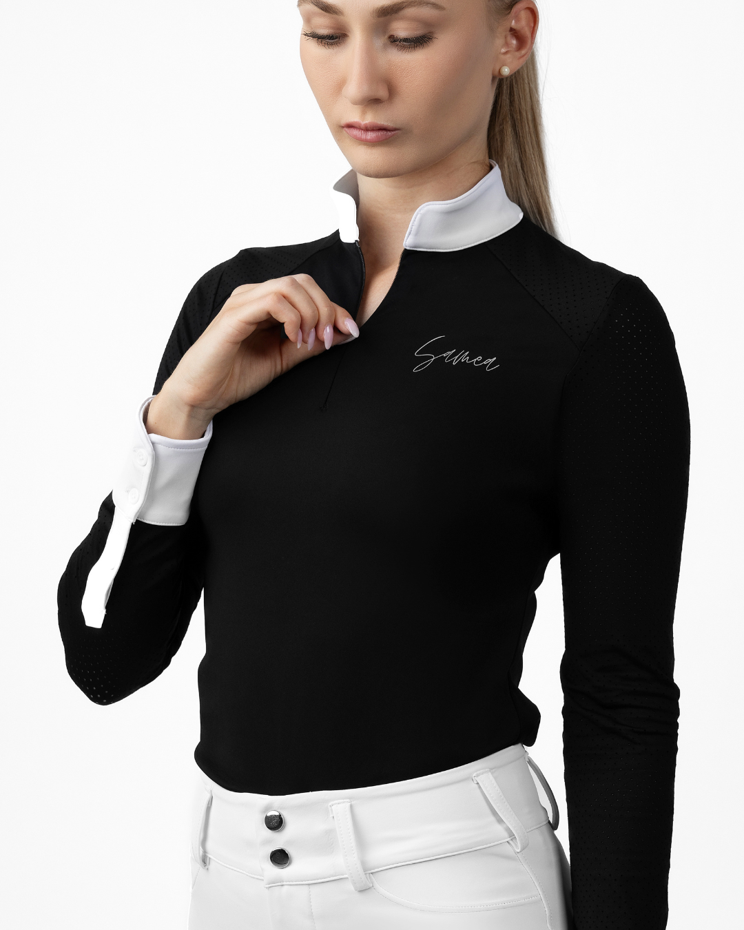 Samea Equestrian Long Sleeve Competition Shirt Black, Close up with Zipper