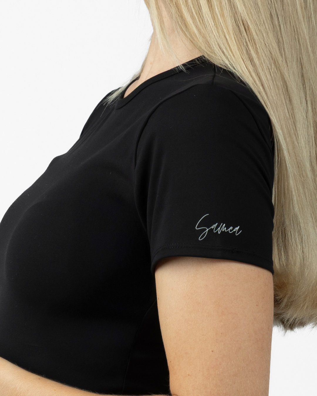 Samea Equestrian Short Sleeve Base Layer Shirt Black, Close up Side view with Logo