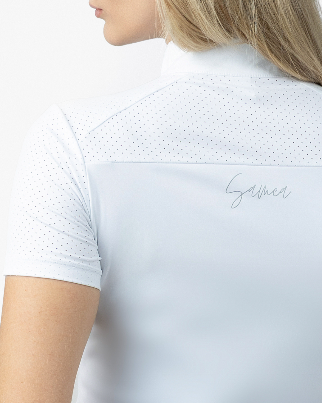 Samea Equestrian Short Sleeve Competition Shirt White, Close up Back Side