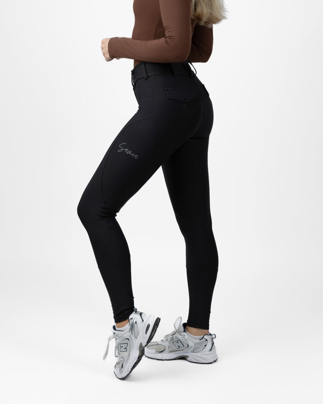Samea Equestrian Black Hybrid Breeches, Side view, close up